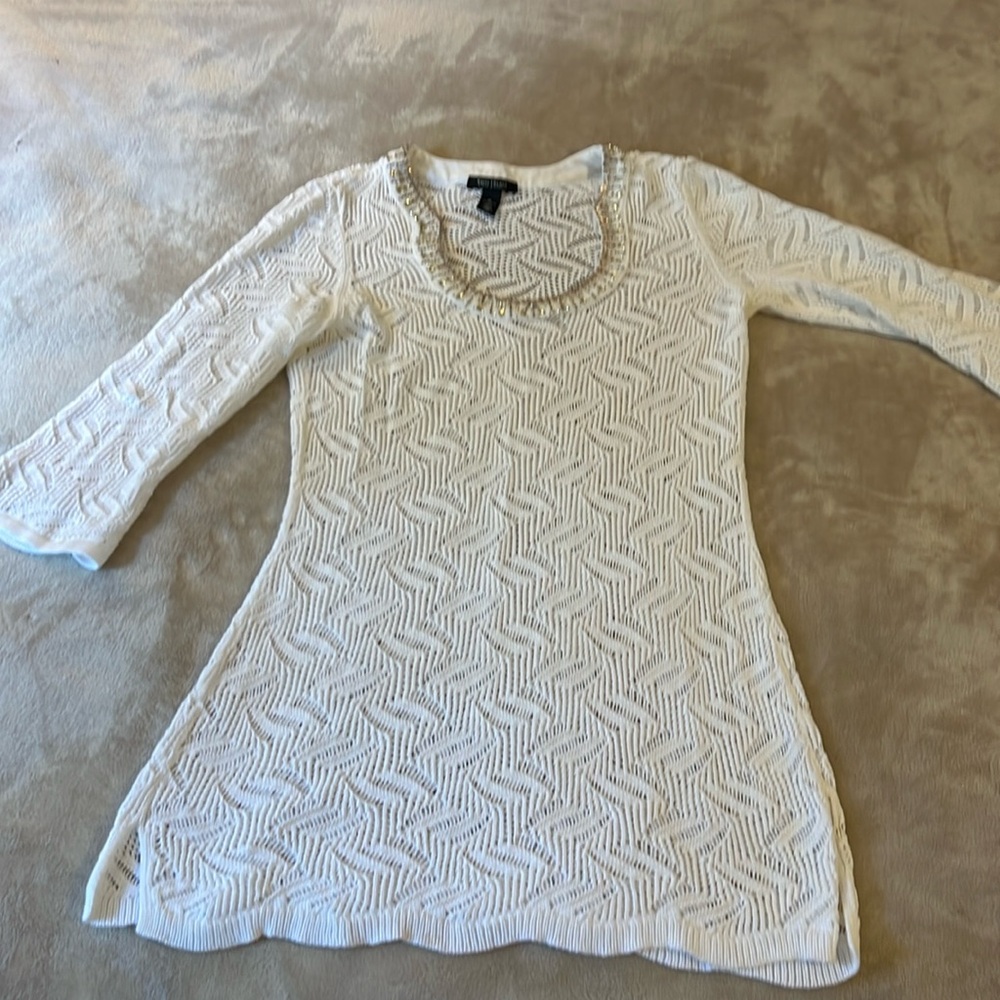 White House black market crocheted tunic top with neckline beading XL
